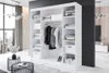 A modern white wardrobe with sliding doors, filled with clothes and storage boxes, displayed in a bright, minimalist room. Produktbild-Vorschau