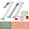 Two white U-shaped pillows are shown diagonally on a white and light gray background. Text overlays provide product information and certifications. Produktbild-Vorschau