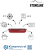 Diagram showing the uses and care instructions for a red baking dish, including freezing, oven use, microwave use, dishwasher cleaning, and hand washing. Produktbild-Vorschau