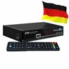 A black satellite receiver and its remote control are displayed against a white background, with the German flag in the upper right corner. Produktbild-Vorschau