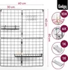A set of black metal grid panels with various accessories attached, presented with dimensions and accessory counts. Produktbild-Vorschau