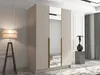 A modern wardrobe with mirrored doors and gold handles, placed in a well-lit room with a floor lamp and decorative statue. Náhľad obrázku produktu