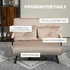 A beige sofa bed with pillows, shown in a room setting with a shelf and a rug. Produktbild-Vorschau