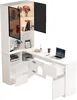 A white L-shaped desk with a hutch and integrated shelving, featuring a laptop, printer, and decorative items. Anteprima dell’immagine prodotto