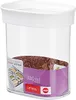 A clear, well-lit studio shot of a transparent food storage container with a white lid, filled with brown flakes. The container has a purple label with product information. Anteprima dell’immagine prodotto