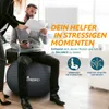 A man sits on a large exercise ball in an office setting, looking at documents held by another person. Text overlays highlight the product's benefits. Produktbild-Vorschau