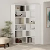 A white corner bookshelf filled with books and decorative items, placed in a room with a plant and an ottoman. Produktbild-Vorschau