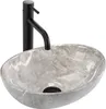 A grey oval marble sink with a black faucet against a white background. Podgląd zdjęcia produktu