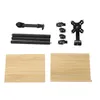 A collection of parts for a rolling speaker stand, including wooden shelves, metal poles, and casters. Produktbild-Vorschau