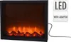A black electric fireplace with LED flame effect, shown on a white background. There are two badges on the right side of the image, one saying 'LED' and the other 'WITH ADAPTER'. A black cable extends from the bottom right of the fireplace. Náhled obrázku produktu