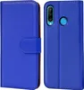 A blue flip case for a Huawei P30 Lite phone is shown, with the phone inserted into the case on the right side of the image. The case is open, revealing the phone's camera. Anteprima dell’immagine prodotto