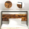 A close-up view of a bed frame headboard with a pillow in front of it, and inset images highlighting wood grain and metal frame. Produktbild-Vorschau