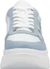A front view of a white and light blue sneaker with a thick white sole. Produktbild-Vorschau