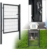 A garden gate is shown in a collage with a close-up of the lock and keys, and a view of the gate in a garden setting. Produktbild-Vorschau