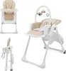 A beige and white Kinderkraft TUMMIE 2-in-1 high chair is shown in a studio setting with a white background. The image is a collage of three different views of the high chair: a front view, a side view of the folded chair, and a close-up of the main chair  Produktbild-Vorschau