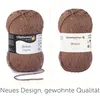 A collage of two images showing balls of brown yarn with speckled details, each with a label. Below the images is text in German. Produktbild-Vorschau