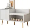 A white shoe cabinet with a cushioned seat and backrest, featuring a storage compartment and gold metal legs. Anteprima dell’immagine prodotto