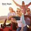 A group of friends taking a selfie in a red jeep during a road trip. Produktbild-Vorschau