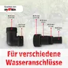 Diagram showing different water connection adapters with measurements and labels. Produktbild-Vorschau