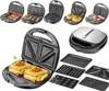 A collage of a Camry 5-in-1 sandwich maker with various interchangeable plates and examples of food made with it. Náhled obrázku produktu