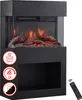 A black electric fireplace with a realistic flame effect and a storage compartment below. It is shown with icons indicating its features and a remote control. Náhľad obrázku produktu