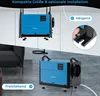 A split image showing a blue dehumidifier mounted overhead and another unit placed on the floor. Voir les images du produit