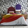 A bedroom scene with a bed, nightstands, and patterned wallpaper. Produktbild-Vorschau