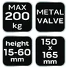 Four black squares with white text and graphics, each representing a feature or specification of a product. Produktbild-Vorschau