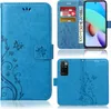 A collage of images showing a blue flip phone case with a floral and butterfly design, displaying its card slots and the phone it protects. Produktbild-Vorschau