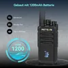 A black Retevis walkie-talkie is shown with feature callouts and battery information. Produktbild-Vorschau