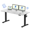 A white adjustable standing desk with dual monitors, a laptop, and accessories, presented on a white background. Voir les images du produit