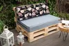 Outdoor seating area with pallet furniture and decorative lanterns. Voir les images du produit