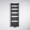 A black radiator is mounted on a white wall. Produktbild-Vorschau