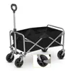 A black foldable wagon with a silver frame and handle is shown against a white background. A close-up inset highlights the wheel mechanism. Produktbild-Vorschau
