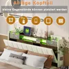 A bed with a headboard featuring storage and LED lighting, shown with decorative elements and icons highlighting features. Náhled obrázku produktu