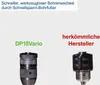 Comparison of two drill chucks, one labeled 'DP18Vario' and the other 'herkömmliche Hersteller' (conventional manufacturers). Produktbild-Vorschau