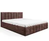 A brown upholstered bed with a white sheet on a white background. Voir les images du produit