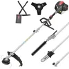 A collection of garden tools and accessories, including a string trimmer, hedge trimmer attachment, chainsaw attachment, and a harness. Produktbild-Vorschau