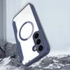 A blue and clear phone case with a magnetic ring is shown at an angle, resting on a textured surface. Voir les images du produit
