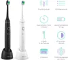 Two electric toothbrushes, one black and one white, are displayed next to a series of icons and text describing the product's features. Anteprima dell’immagine prodotto