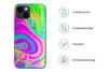 A phone case with a psychedelic design next to icons and text describing its features. Produktbild-Vorschau