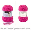 Two balls of pink yarn are shown side-by-side against a white background. The text "Neues Design, gewohnte Qualität" is below the yarn. Produktbild-Vorschau