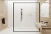 A modern bathroom with a walk-in shower and double vanity. Produktbild-Vorschau