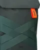 A close-up view of a dark green backpack with crisscrossing straps and an orange tag. Produktbild-Vorschau