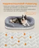 A dog lying on a dog bed with descriptive text and a diagram illustrating airflow. Produktbild-Vorschau