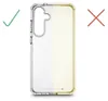 A clear phone case is shown, split down the middle with one half clear and the other half yellow. A green checkmark is on the left, and a red X is on the right. Anteprima dell’immagine prodotto