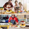 A collage of two images showing a family preparing food in a kitchen and a woman preparing food. Produktbild-Vorschau