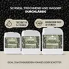 Three white plastic containers of Roxlin binder for gravel and stones are displayed against a dark background of black pebbles. Text overlays highlight product features and drying times. Produktbild-Vorschau