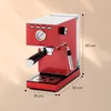 A red espresso machine with dimensions indicated by dashed lines and text. Náhľad obrázku produktu