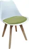 A single white chair with a green cushion and wooden legs, isolated on a white background.